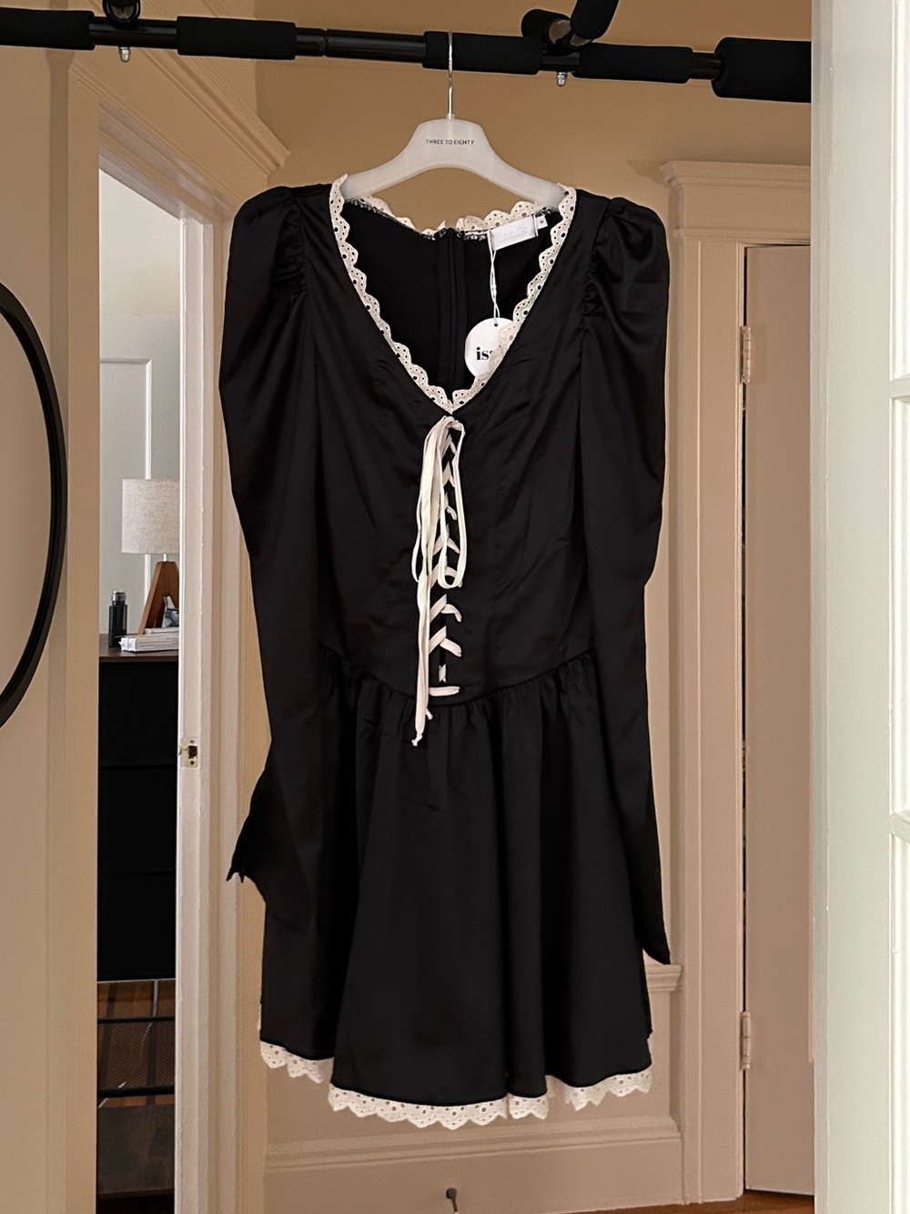 NWT Black Lace-Trim Mini Dress with Corset Front